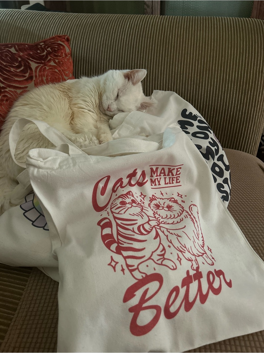 Cats Make My Life Better Cotton Tote Bag - White with Red Print NWOT.